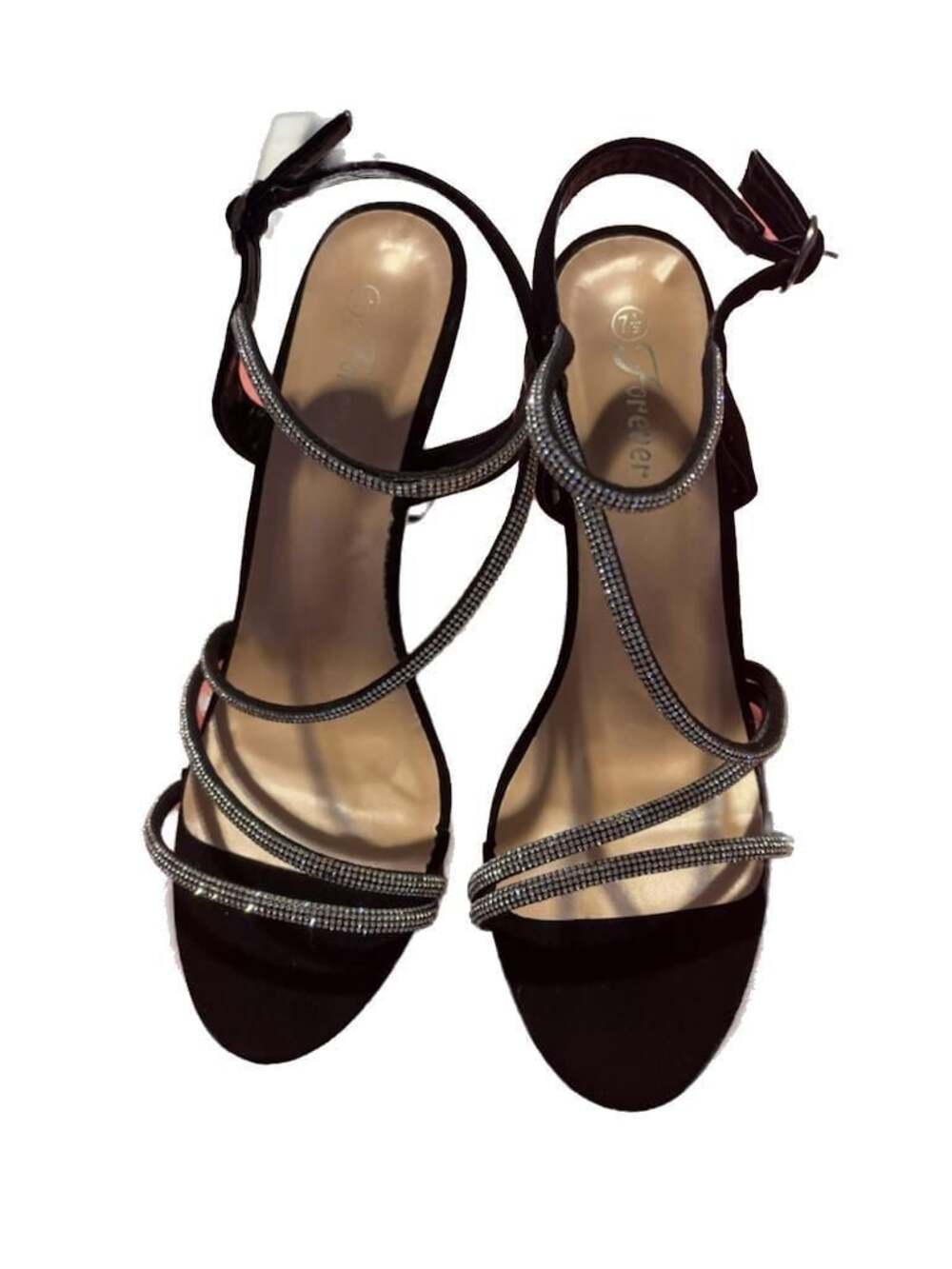 NWT Forever Division-34 Black Nub Heeled Rhinestone Strap Heels Woman Size 7.5